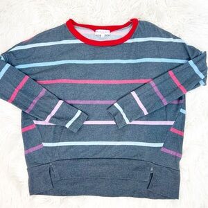 MICHAEL STARS BLUE GRAY STRIPE LONG SLEEVE BANDED HEM SHIRT WOMENS SZ XS